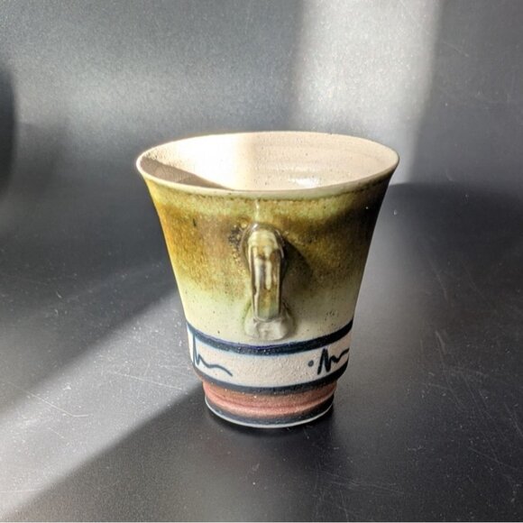 Studio Artisan Pottery Green Brown Glaze Cup 2 Handles Line Accent - Picture 2 of 12